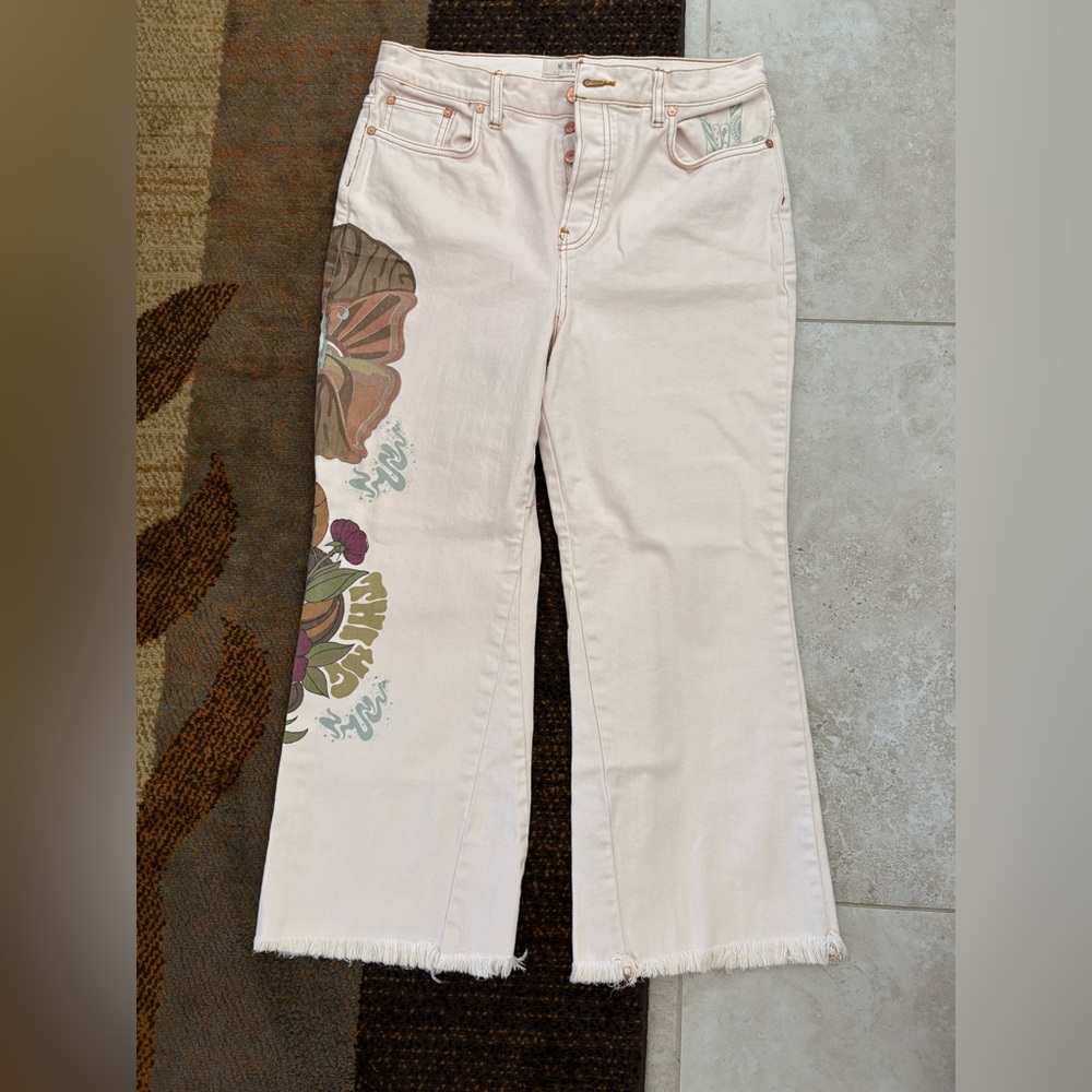 Free People Light Pink Floral Side-Print Flare Jeans